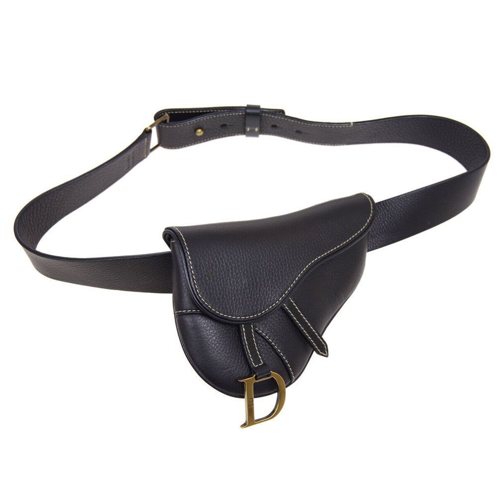 Christian Dior Saddle Waist Bum Bag Purse Black Leather